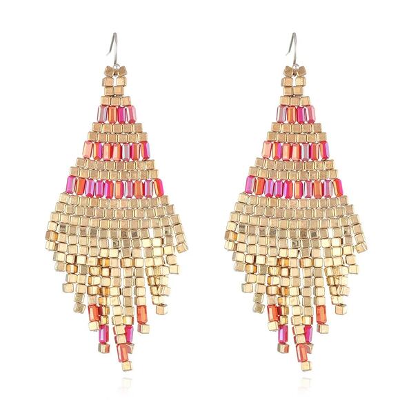 Hand Made Beaded Pink‎ and Gold Tassel Drop Earrings - Picture 1 of 3